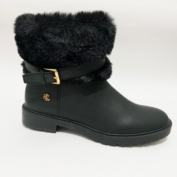 Ralph Lauren Evanston Waterproof Black Leather Winter Warm Fur Moto Boots 7 - Picture 11 of 13